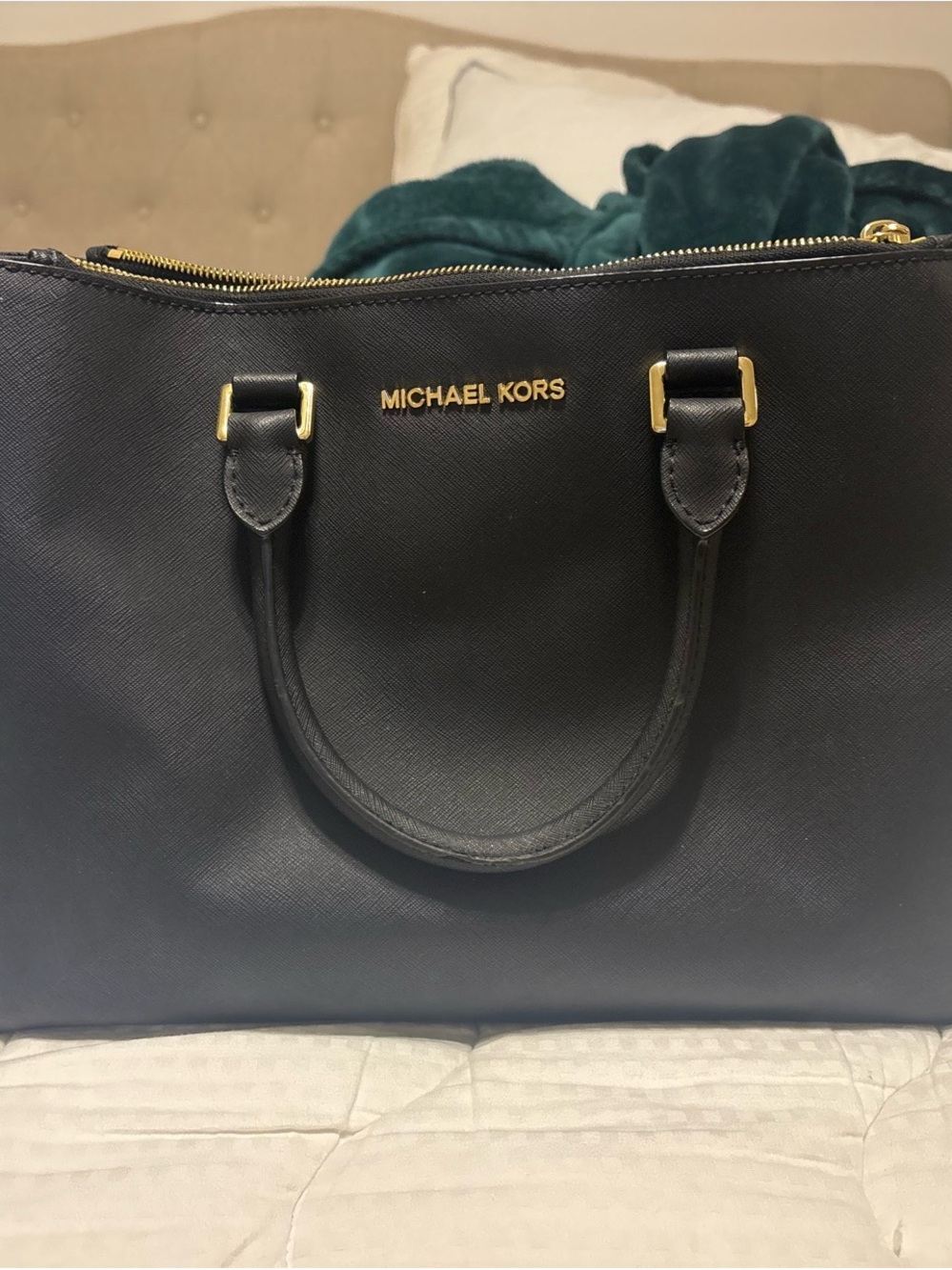 Michael Kors Black Saffiano Leather Satchel with Gold Hardware